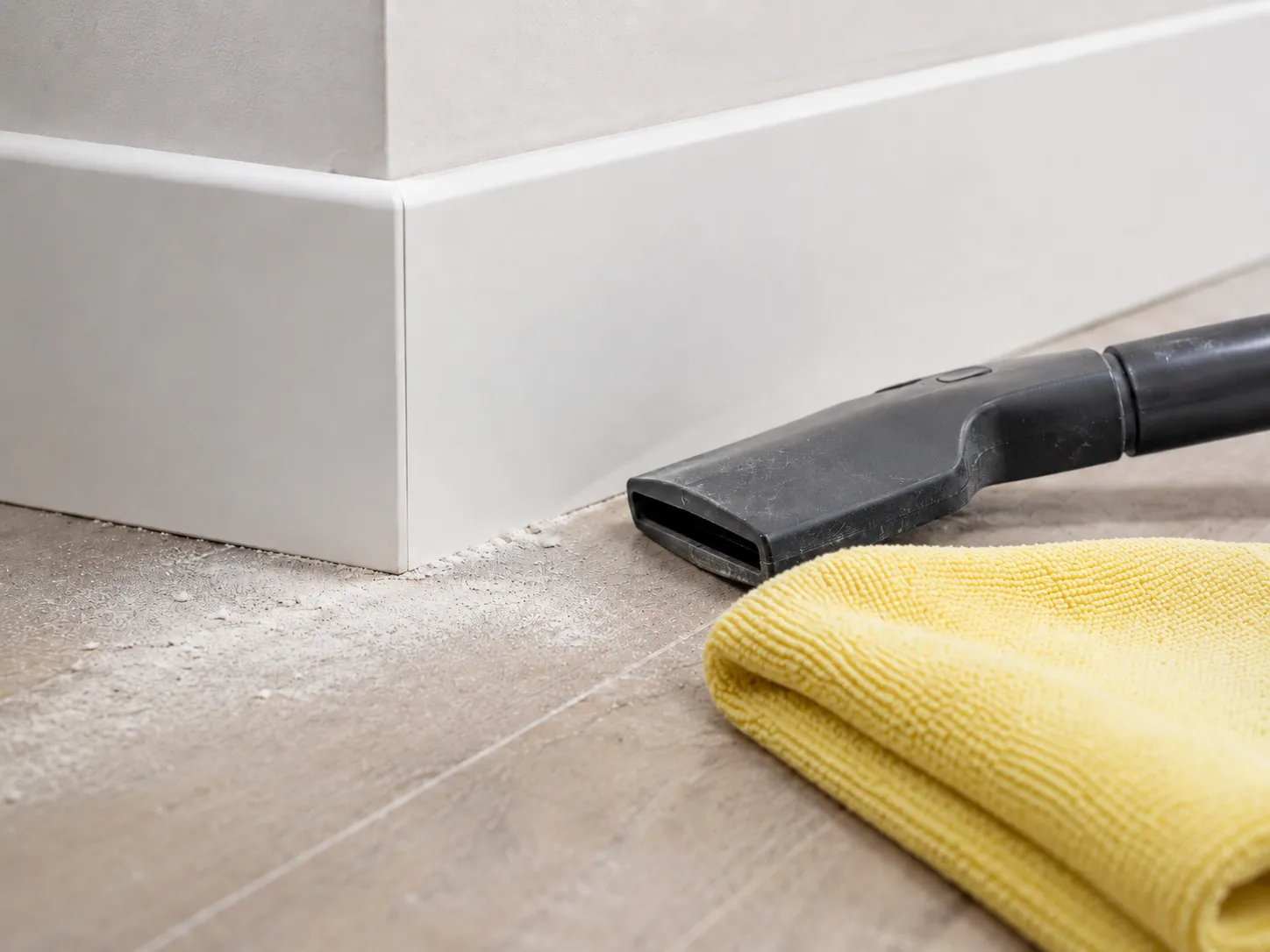 Vacuum nozzle and yellow microfibre cloth clearing builders' dust from skirting and floor tiles