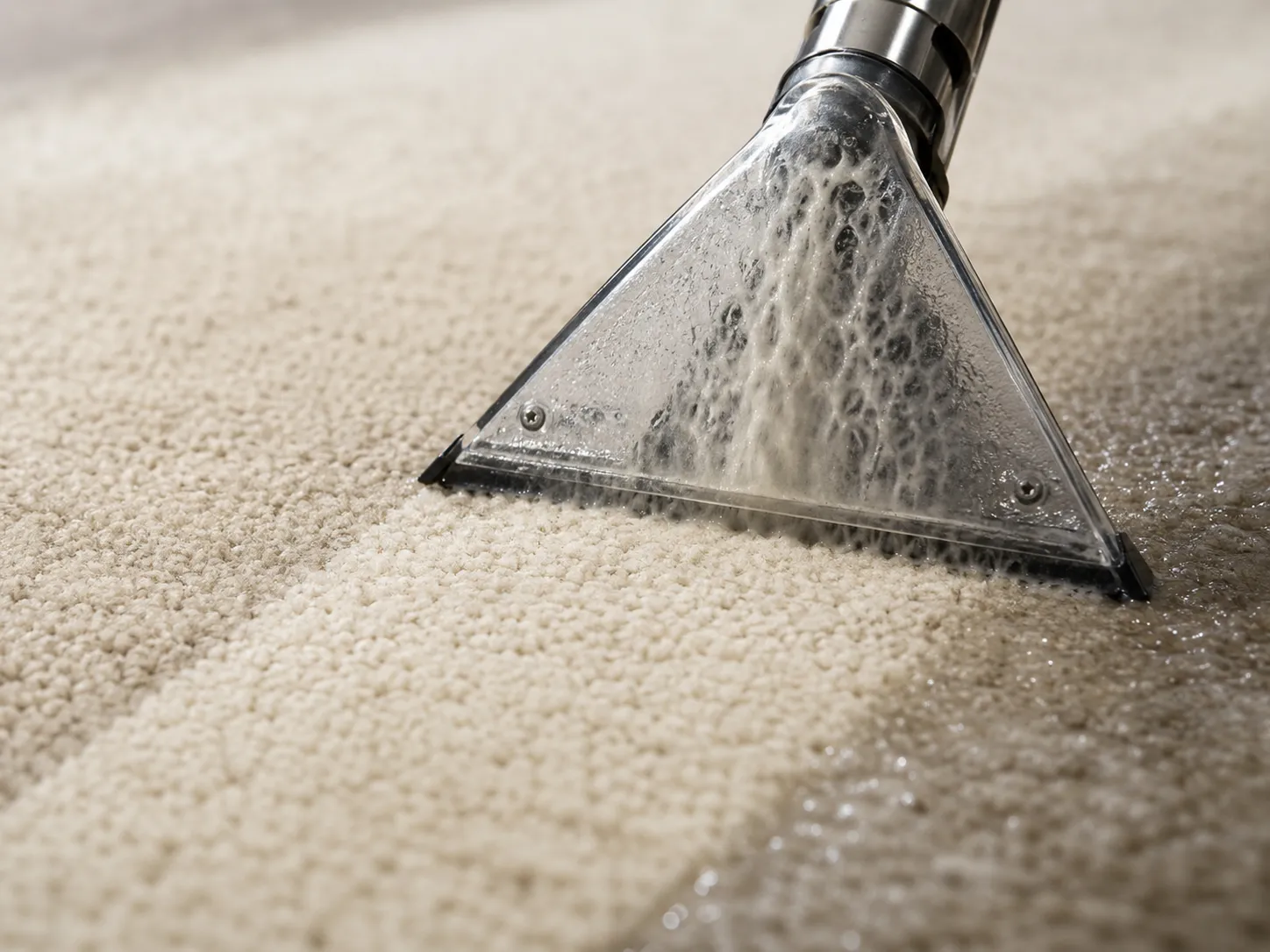 Close-up of a hot-water extraction wand cleaning a wool carpet