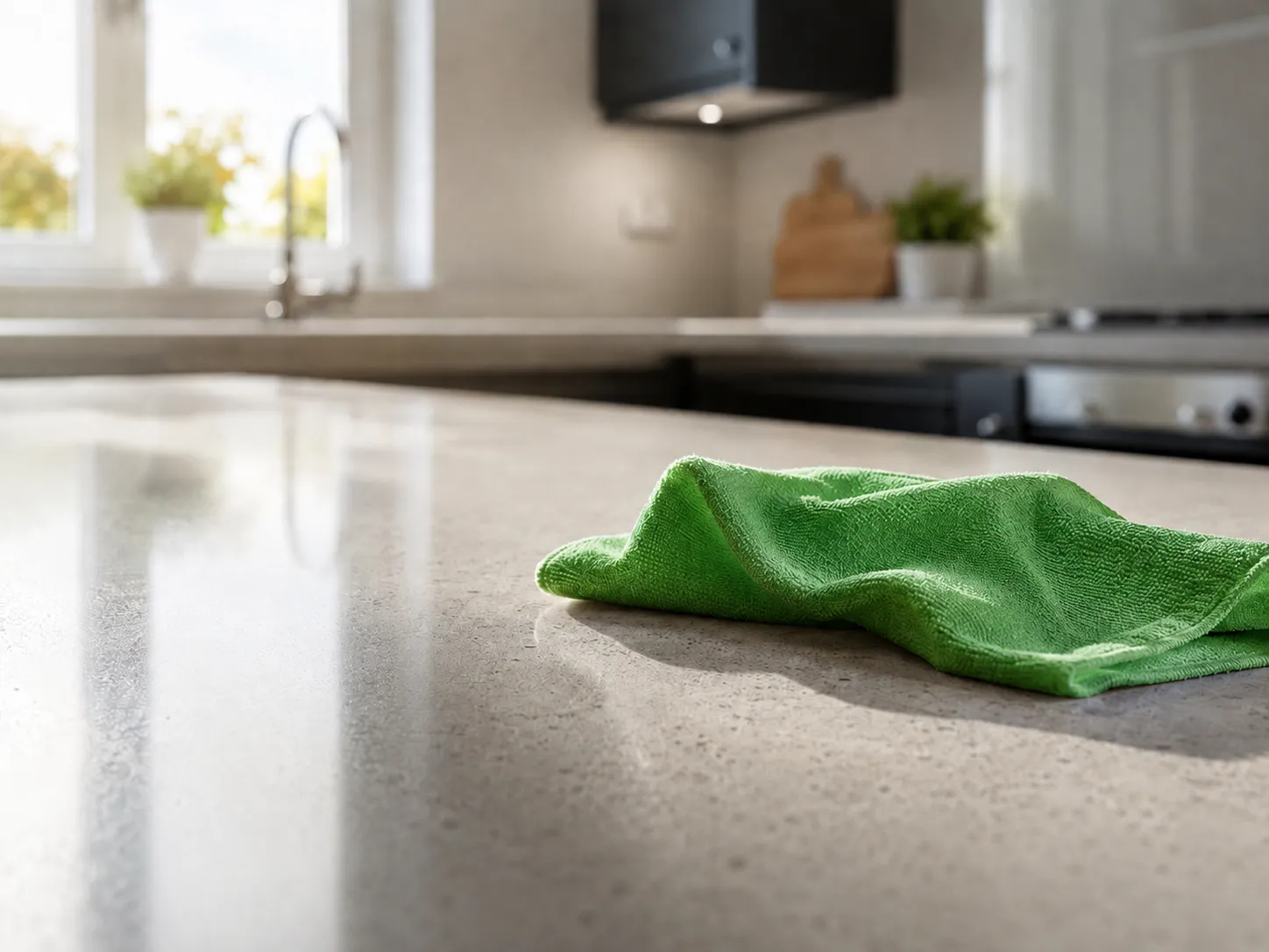 Green microfibre cloth on a sunlit kitchen worktop