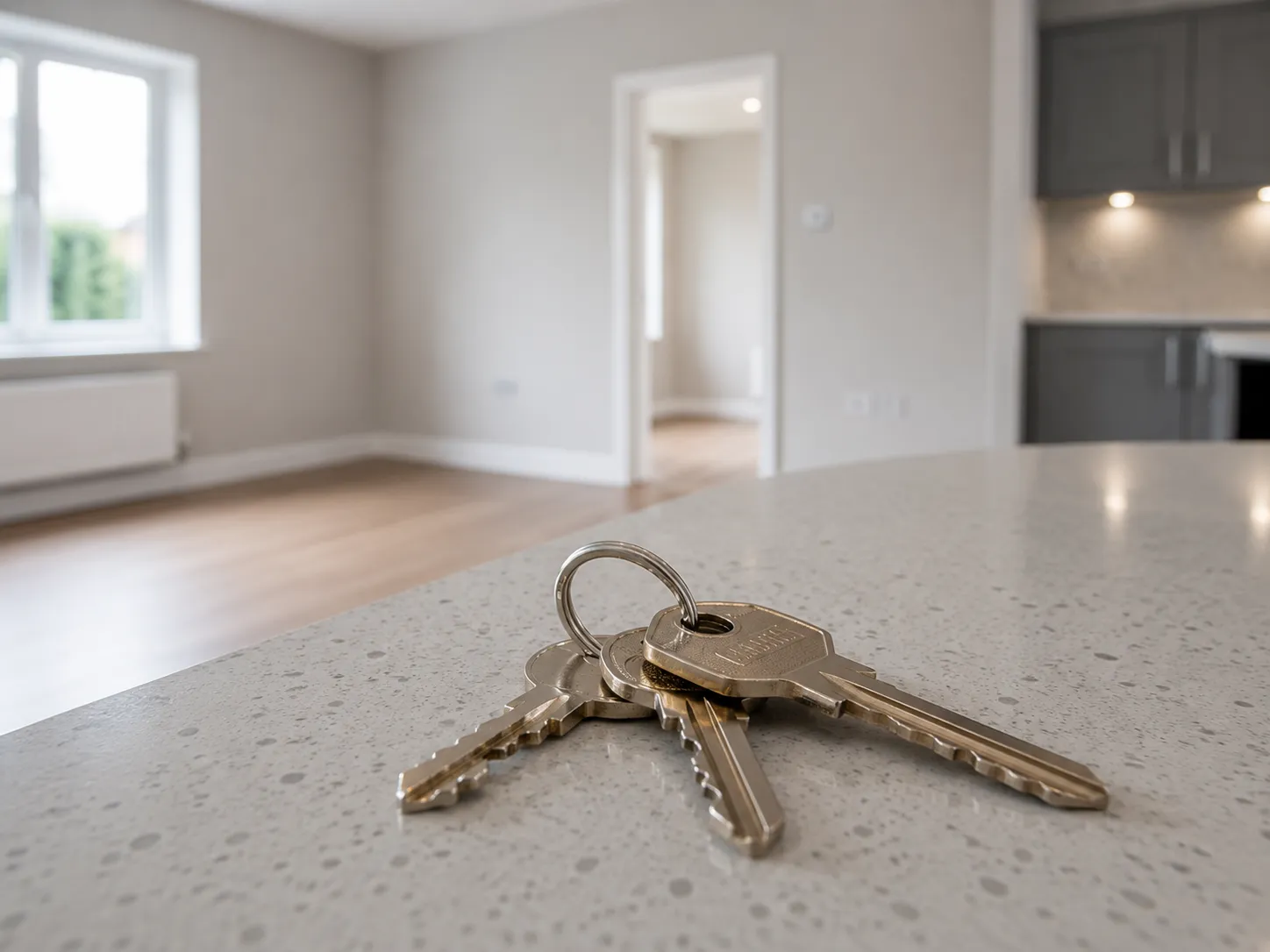 Keys on the worktop of an empty, freshly cleaned flat ready for handover