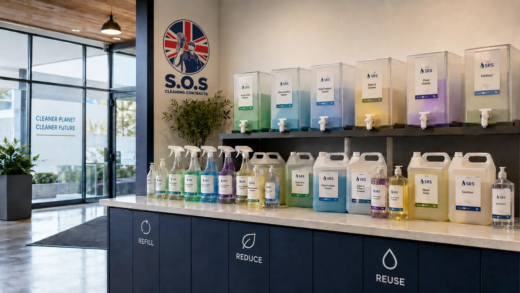 SOS Contracts SRS refill station with colour-coded UK Sustainable Cleaning Programme products lined up on a navy counter