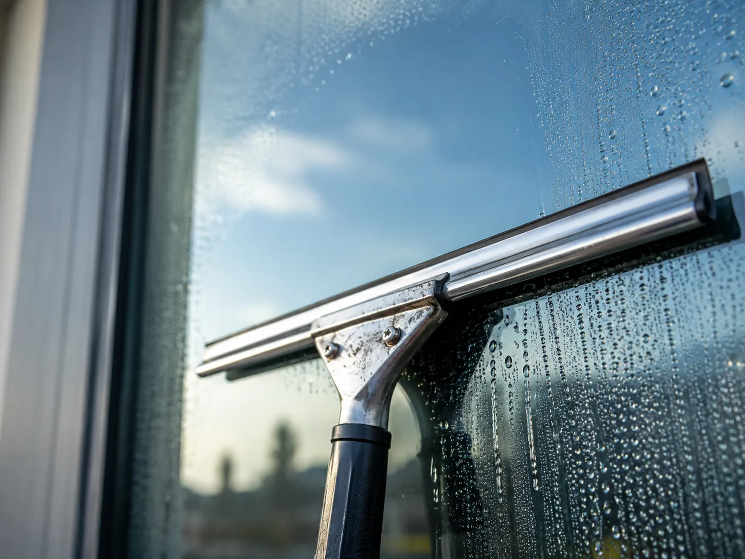 Stainless-steel squeegee cleaning a wet windowpane against a blue sky